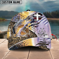 Maxcorners Trout Fishing American Flag & Cross Design With Camo Detail Multicolor Personalized Name 3D Cap