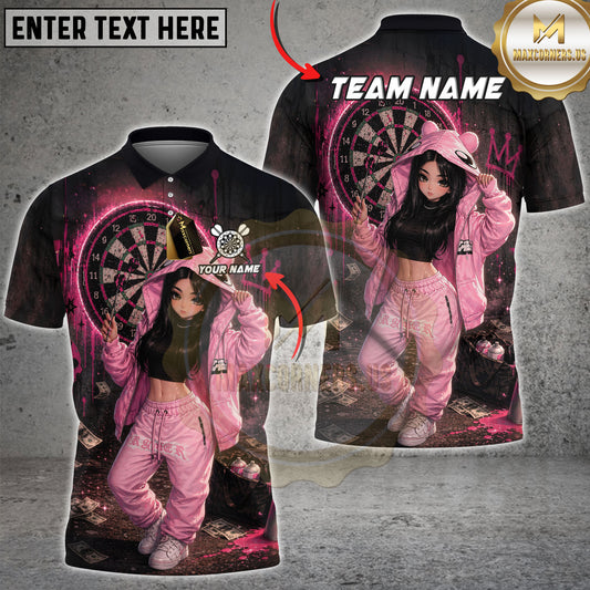 Maxcorners Darts Pink Streetwear Girl and Neon Dartboard Personalized Name 3D Unisex Shirt