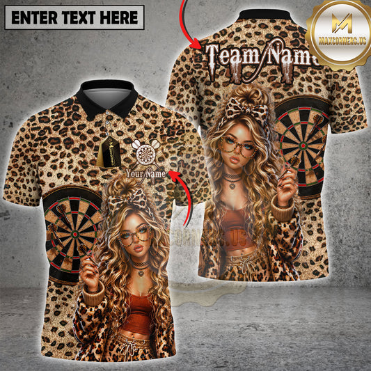 Maxcorners Leopard Print Dart Girl Glasses Bow Style Personalized Name, Team Name 3D Shirt