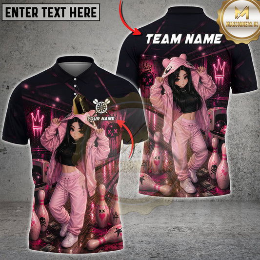 Maxcorners Bowling Pink Streetwear Girl and Neon Bowling Pins Personalized Name 3D Unisex Shirt