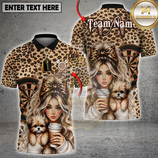 Maxcorners Leopard Print Dart Girl Bow Coffee Style Personalized Name, Team Name 3D Shirt