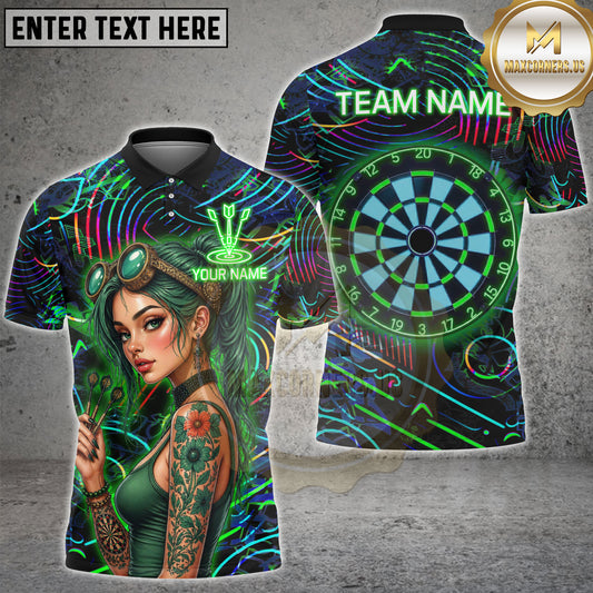 Maxcorners Cyberpunk Green Dart Girl Steampunk Goggles Personalized Name, Team Name 3D Shirt
