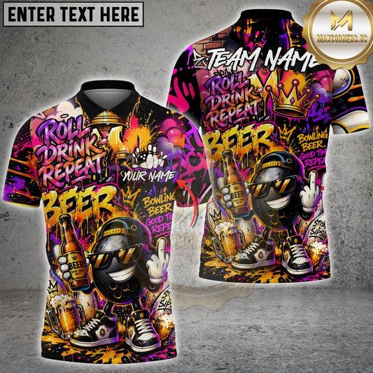 Maxcorners Bowling Beer Graffiti Character Funny Drunk Multicolor Customized Name, Team Name 3D Shirts