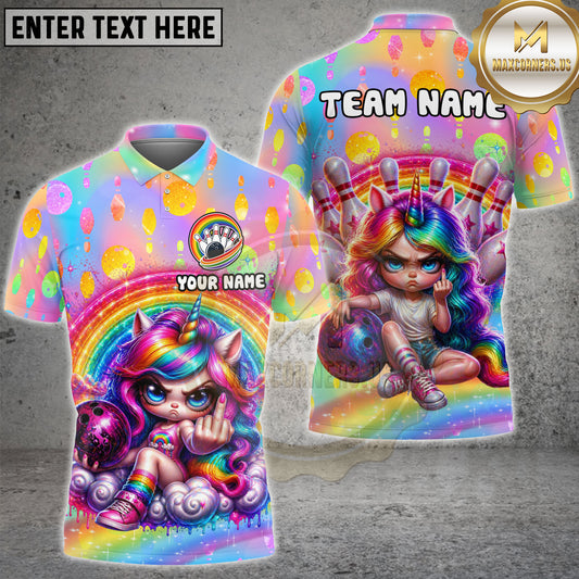 Maxcorners Cute Angry Unicorn Bowling Rainbow Personalized Name, Team Name 3D Shirt