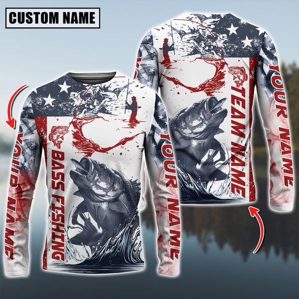 Maxcorners Bass Fishing American Flag Personalized Name, Team Name 3D Long Sleeve Shirt