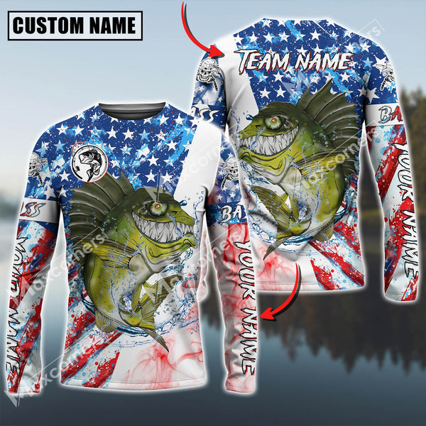 Maxcorners Angry Bass Fishing American Flag Pattern Personalized Name, Team Name 3D Long Sleeve Shirt