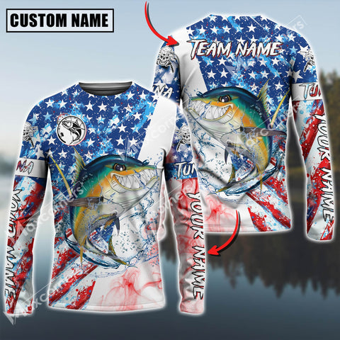 Maxcorners Angry Tuna Fishing American Flag Pattern Personalized Name, Team Name 3D Long Sleeve Shirt