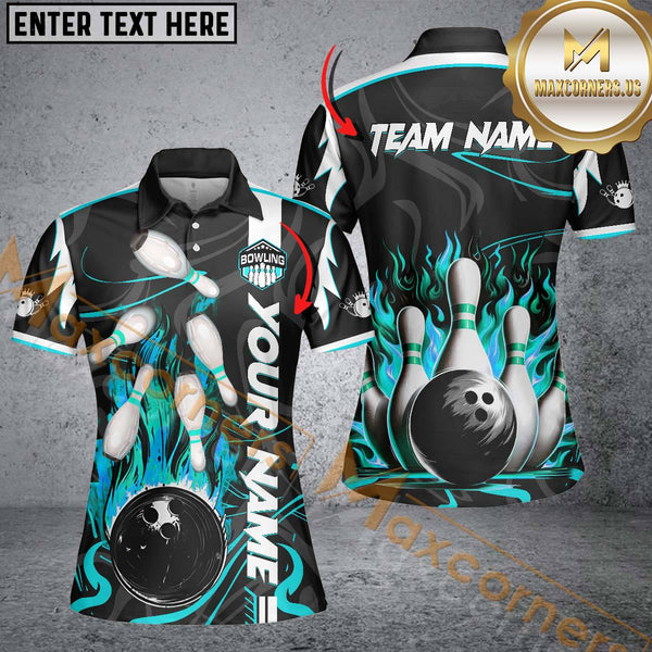 Maxcorners Bowling Ball & Pins Flame Sport Jersey Multicolor Option Customized Name 3D Shirt For Women (4 Colors)