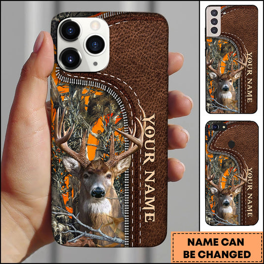 Maxcorners Deer Hunting Brown Leather Pattern Personalized Name Phone Case (4 colors)