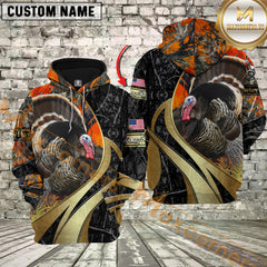 Maxcorners Orange Camo Turkey Hunting Custom Name Hunter Apparel With American Flag 3D Hoodie All Over Printed Clothes