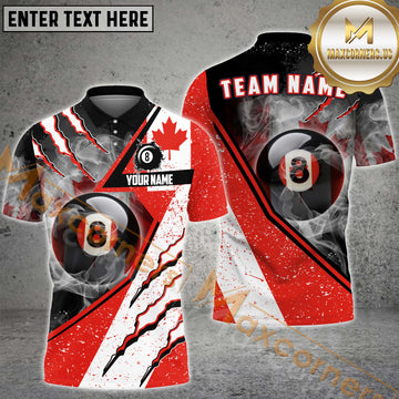 Maxcorners Billiard Canadian Flag  Customized Name, Team Name 3D Polo Shirt