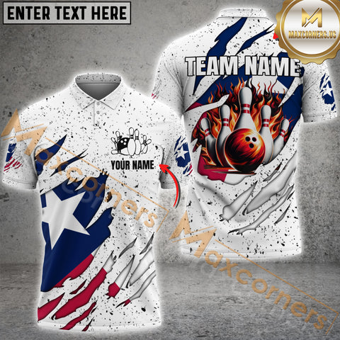 Maxcorners White Grunge Texas Flag Bowling Jersey Customized Name, Team Name 3D Polo Shirt