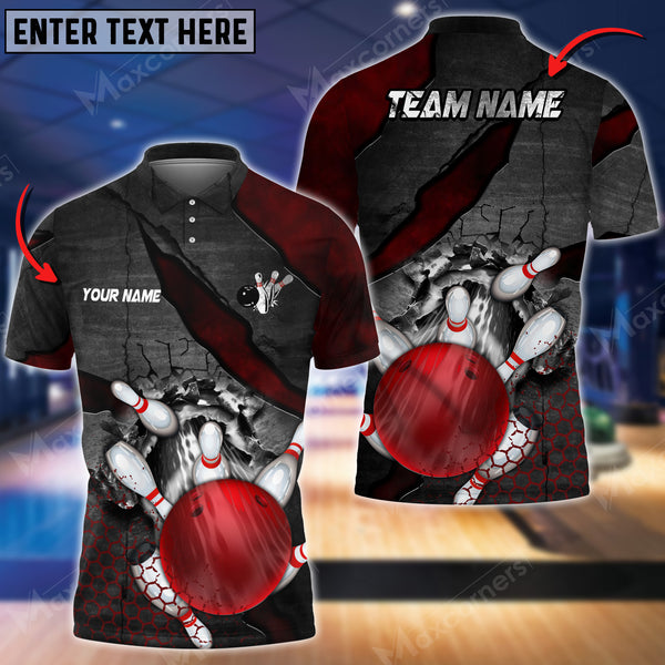 Maxcorners Bowling & Pins Crack Multicolor Option Customized Name, Team Name 3D Polo Shirt (4 Colors)