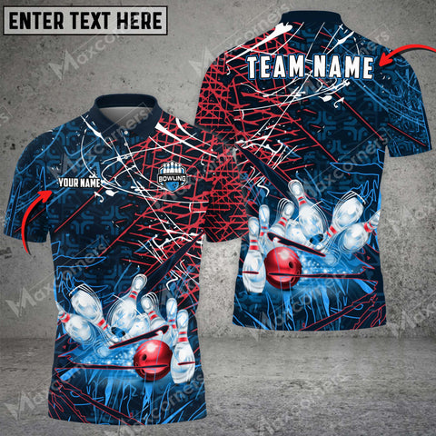 Maxcorners Bowling & Pins Blue And Red Pattern Sport Jerseys Customized Name And Team Name 3D Polo Shirt