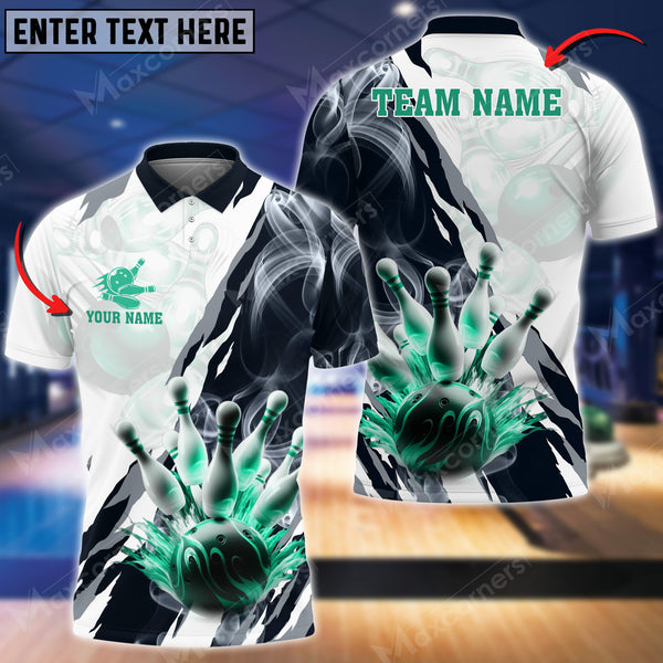Maxcorners Bowling & Pins Smoke, Bowling & Pins Pattern Sport Jerseys Multicolor Option Customized Name, Team Name 3D Polo Shirt (4 Colors)