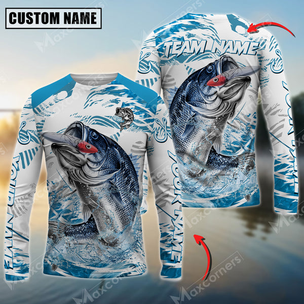 Maxcorners Bass Fishing Blue Water Jersey Sun Protection Personalized Name, Team Name Long Sleeve Shirt