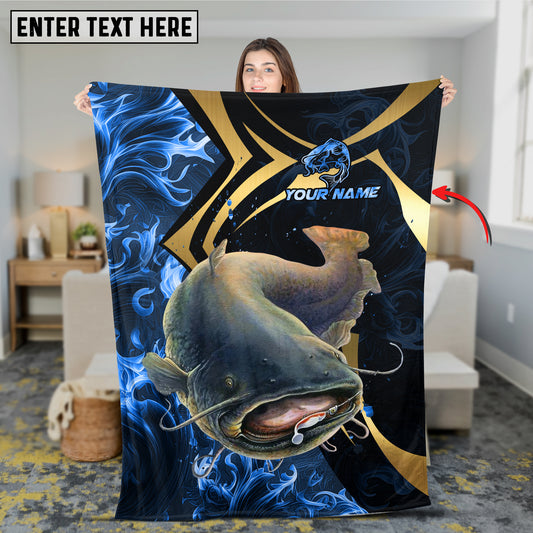 Maxcorners Fishing Blue Ocean Wave & Gold Geometric Personalized Name 3D Blanket