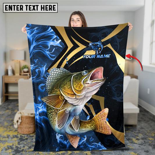Maxcorners Fishing Blue Ocean Wave & Gold Geometric Personalized Name 3D Blanket