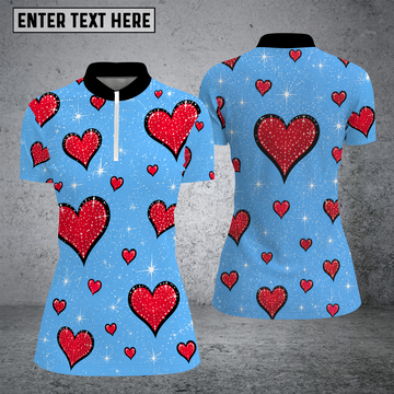 Maxcorners Custom Red Blue Hearts  Stand Collar Zipper Polo Shirts For Women for Norma Gaddison