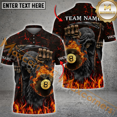 Maxcorners Billiard Grim Reaper Flaming Pool Multicolor Options Personalized Name, Team Name 3D Polo Shirt