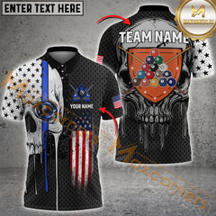 Maxcorners Billiard Skull American Flag Multicolor Options Personalized Name, Team Name 3D Polo Shirt