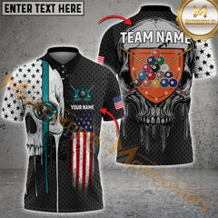 Maxcorners Billiard Skull American Flag Multicolor Options Personalized Name, Team Name 3D Polo Shirt