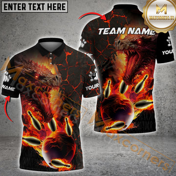 Maxcorners Dragon-Themed Ball Flame Bowling Jersey Multicolor Option Customized Name, Team Name 3D Polo Shirt