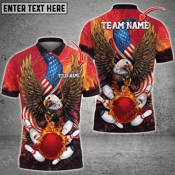 Maxcorners Bowling & Pins USA Eagle Flag Multicolor Option Customized Name, Team Name 3D Polo Shirt (4 Colors)