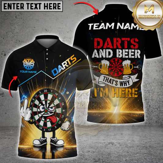 Maxcorners Darts Cartoon Dartboard Middle Finger And Darts And Beer That’s Why I’m Here Personalized Name 3D Unisex Shirt