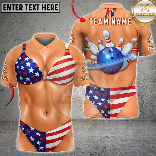 Maxcorners Bowling American Flag Bowling Ball and Pins Bikini Personalized Name 3D Unisex Shirt