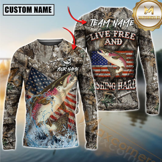 Maxcorners Patriotic Fishing Camo Personalized Name, Team Name 3D Long Sleeve Shirt (Mahi-mahi, Tuna, Chinook, Marlin, Striped Bass, Salmon)