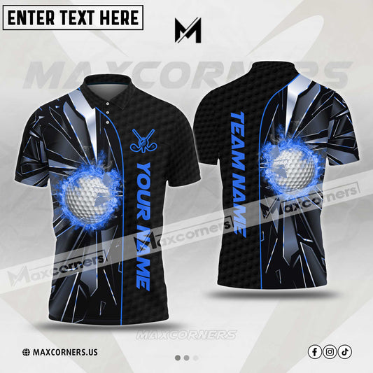 MaxCorners Customized Name Black And Blue Fire Golf Ball Broken Glass Multicolor Custom 3D Polo Shirt (4 Colors)