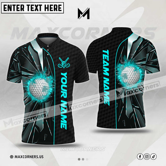 MaxCorners Customized Name Black And Blue Fire Golf Ball Broken Glass Multicolor Custom 3D Polo Shirt (4 Colors)
