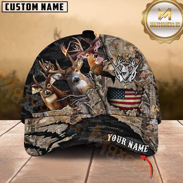 Maxcorners Personalized American Flag Forest Camo Deer Hunting 3D Cap, Perfect Gift for Hunter