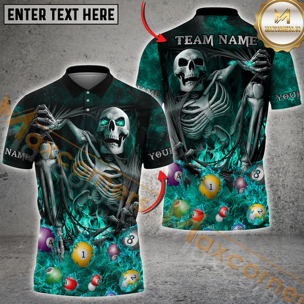 Maxcorners Billiard Skeleton Flame Multicolor Options Personalized Name, Team Name 3D Shirt