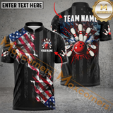 MaxCorners Bowling And Pins Black American Flag Smoke  Customized Name, Team Name 3D Polo Shirt For Men