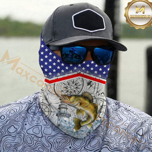 Maxcorners Fishing American Anchor Compass Lighthouse Graphic 3D Neck Gaiter (12 Fish Species)