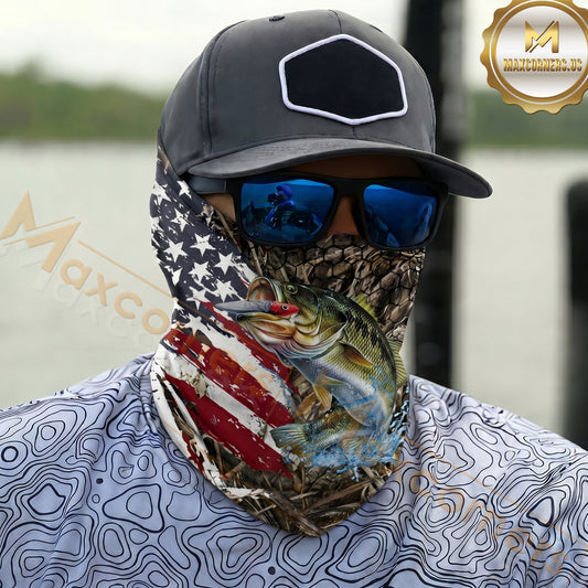 Maxcorners Fishing American Flag Scratch Grass Camo 3D Neck Gaiter (12 Fish Species)