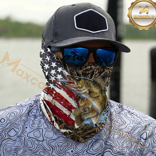 Maxcorners Fishing American Flag Scratch Grass Camo 3D Neck Gaiter (12 Fish Species)