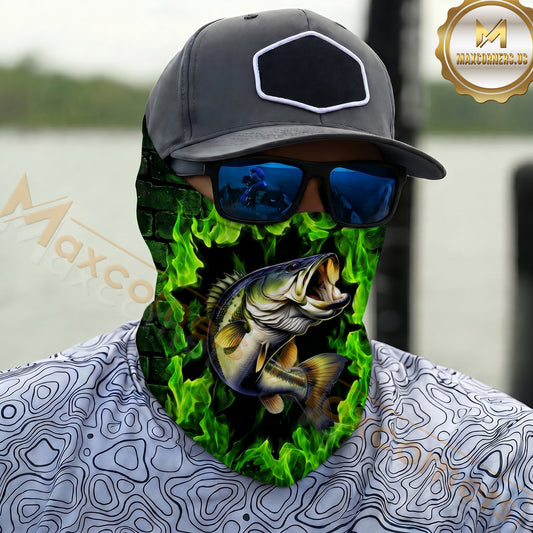 Maxcorners Fishing Bass Green Flame 3D Neck Gaiter
