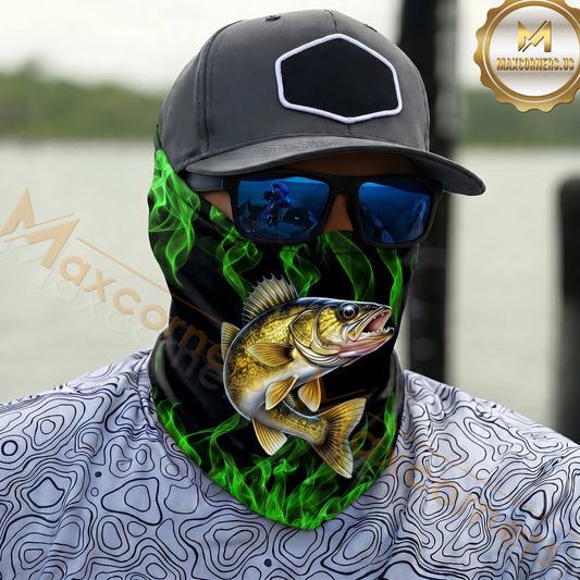 Maxcorners Fishing Neon Green Flame Black Background Art 3D Neck Gaiter (12 Fish Species)