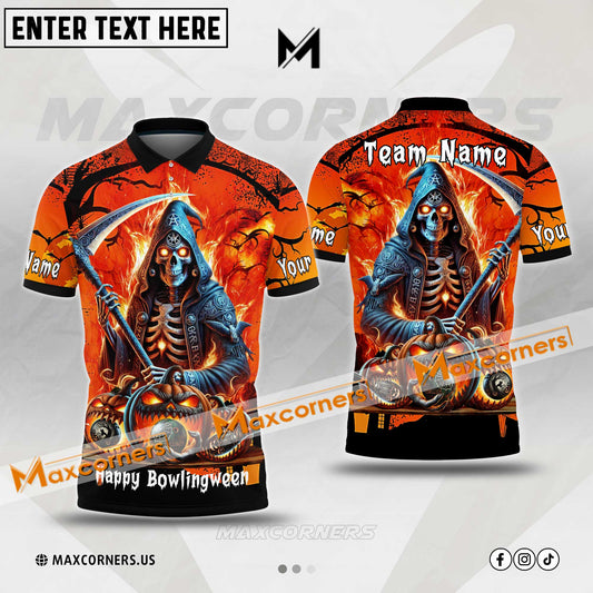 Maxcorners Bowling Ball & Pins Wizard Skull Flame Halloween Pattern Multicolor Option Customized Name, Team Name 3D Polo Shirt (6 Colors)