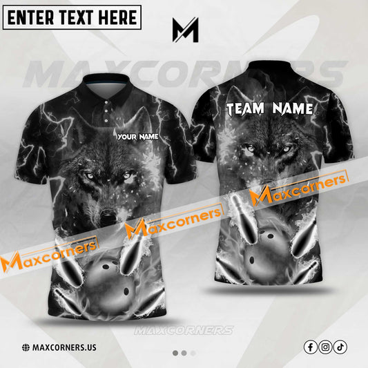 Maxcorners Bowling Ball & Pins Wolf Thunder Lightning Multicolor Option Customized Name, Team Name 3D Polo Shirt (6 Colors)