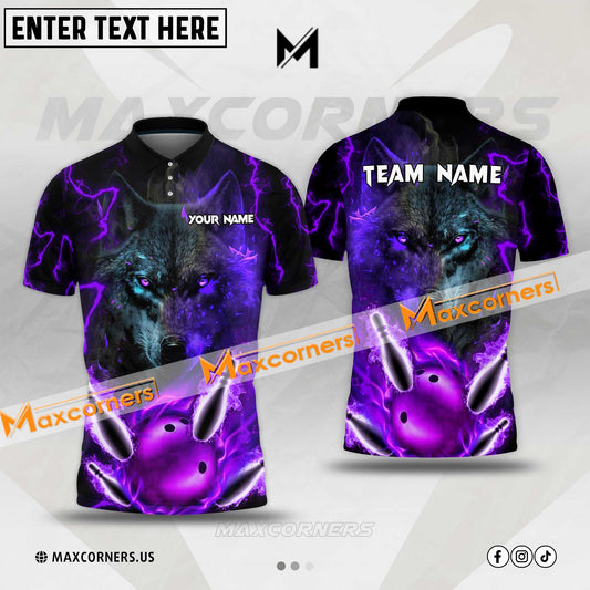 Maxcorners Bowling Ball & Pins Wolf Thunder Lightning Multicolor Option Customized Name, Team Name 3D Polo Shirt (6 Colors)