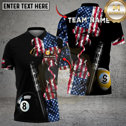 Maxcorners Billiards Ball 8 & 9 American Flag Smoke Deep Fantasy Customized Name, Team Name 3D Shirt
