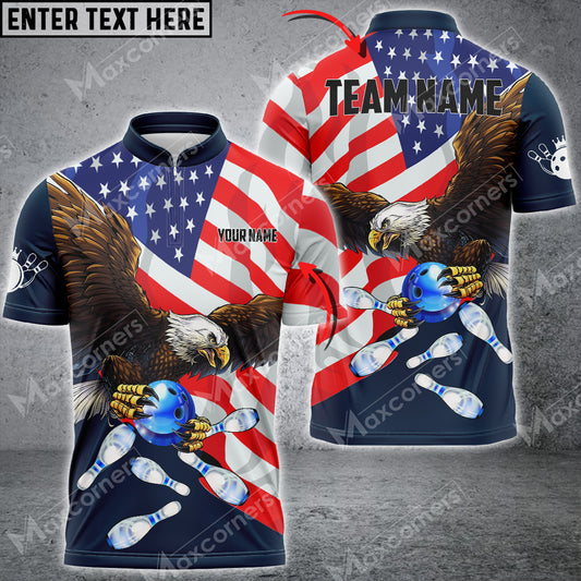 Maxcorners Bowling & Pins Eagle US Flag Multicolor Option Customized Name, Team Name 3D Polo Shirt (4 Colors)