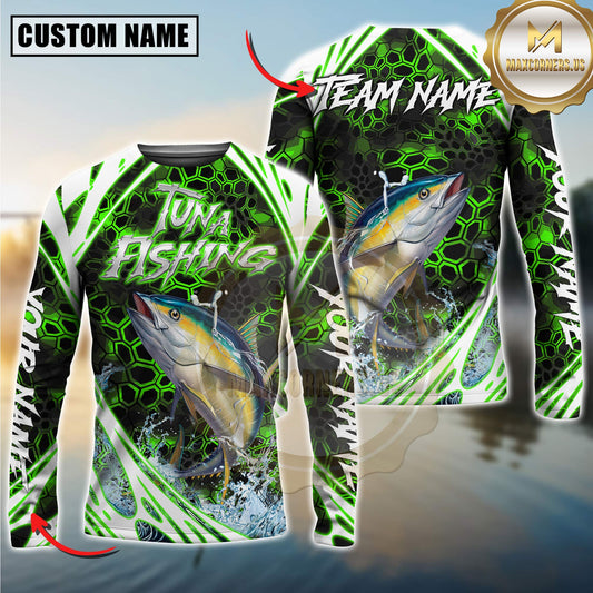 Maxcorners Fishing Green Hexagon Splash Sun Protection Personalized Name, Team Name Long Sleeve Shirt