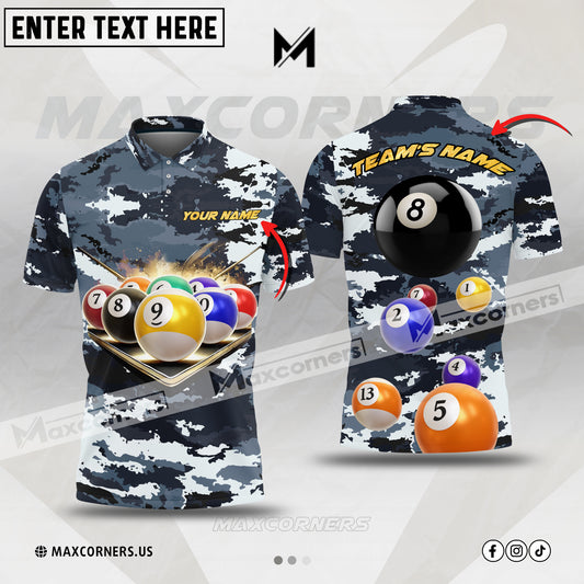 Maxcorners Billiard Camo Multicolor Team Jersey Personalized Name, Team Name 3D Polo Shirt (4 Colors)