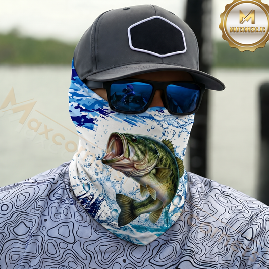 Maxcorners Fishing Water Splash Blue Fish Pattern 3D Neck Gaiter (13 Fish Species)