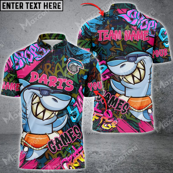 MaxCorners Darts Funny Shark Graffiti Customized Name, Team Name 3D Polo Shirt